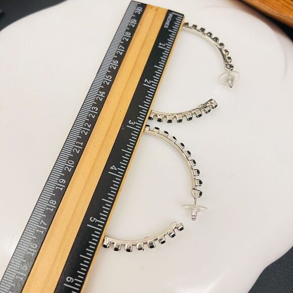 Huge Open Hoop Earrings Silver Tone Black Rhinestones Elegant Fancy 4088 - Picture 10 of 11